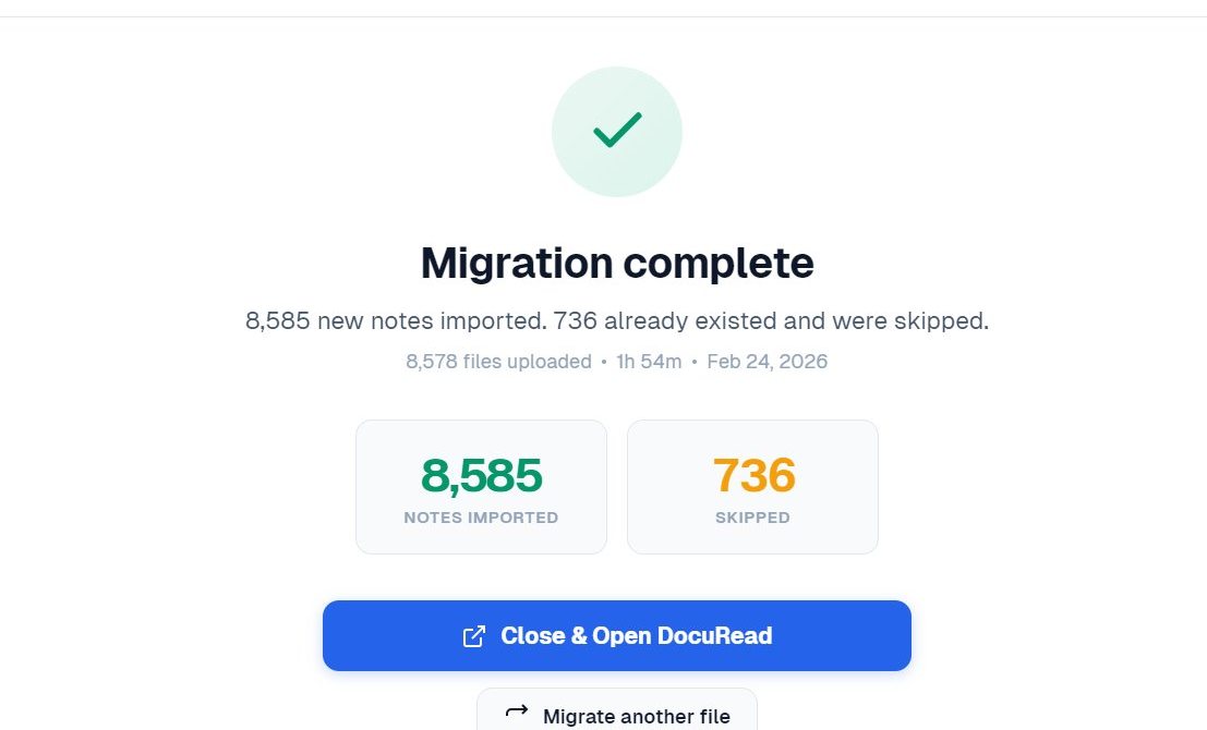 Migration complete — 8,585 notes imported, 736 duplicates skipped, 1 hour 54 minutes